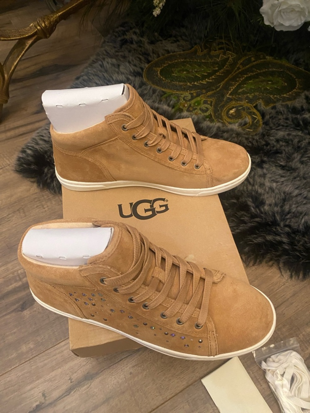 UGG Tan Suede High-Top Sneakers with Rhinestone Detail